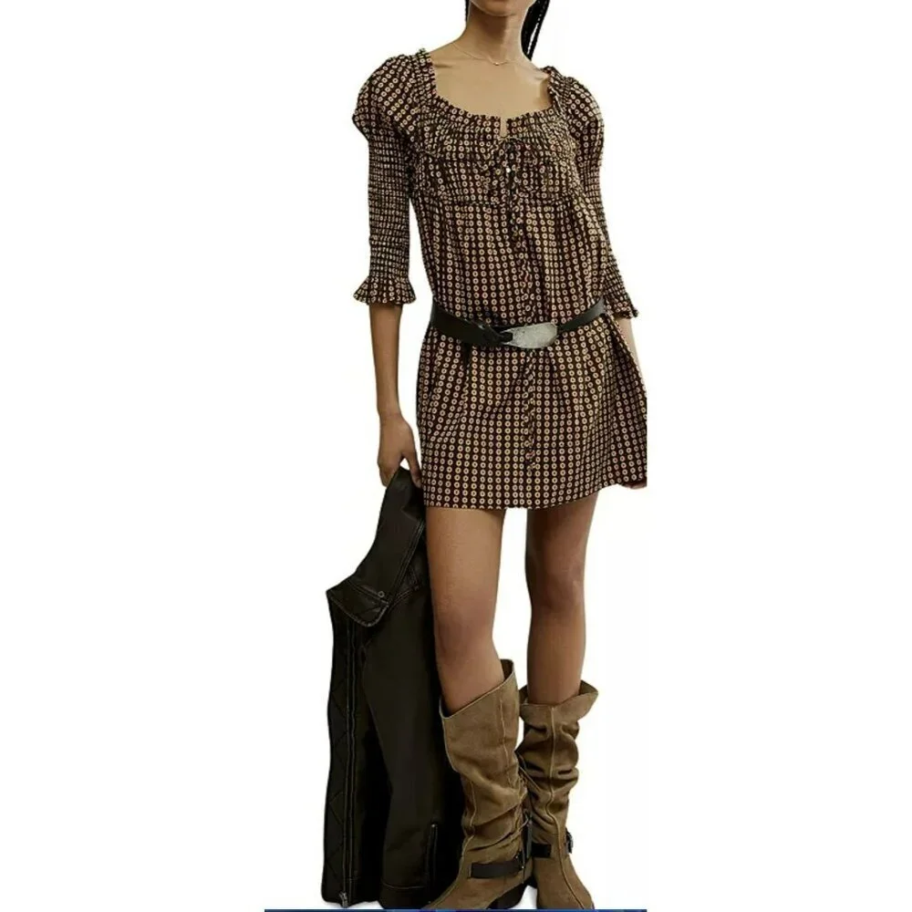 Free People Star Dip Smocked Back Babydoll Mini Dress Small NWT